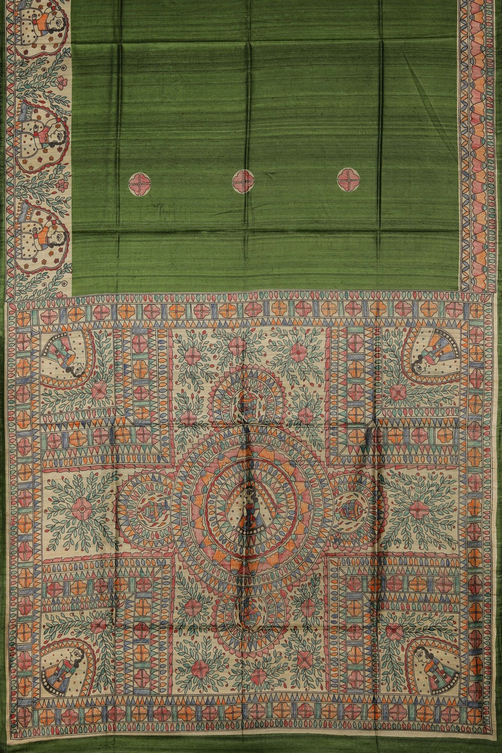 Image of Madhubani Tussar Silk Green Saree