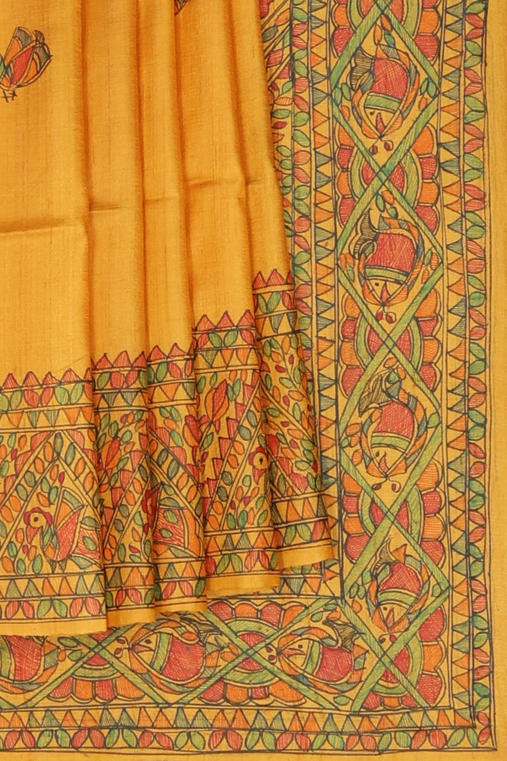 Image of Madhubani Tussar Silk Yellow Saree