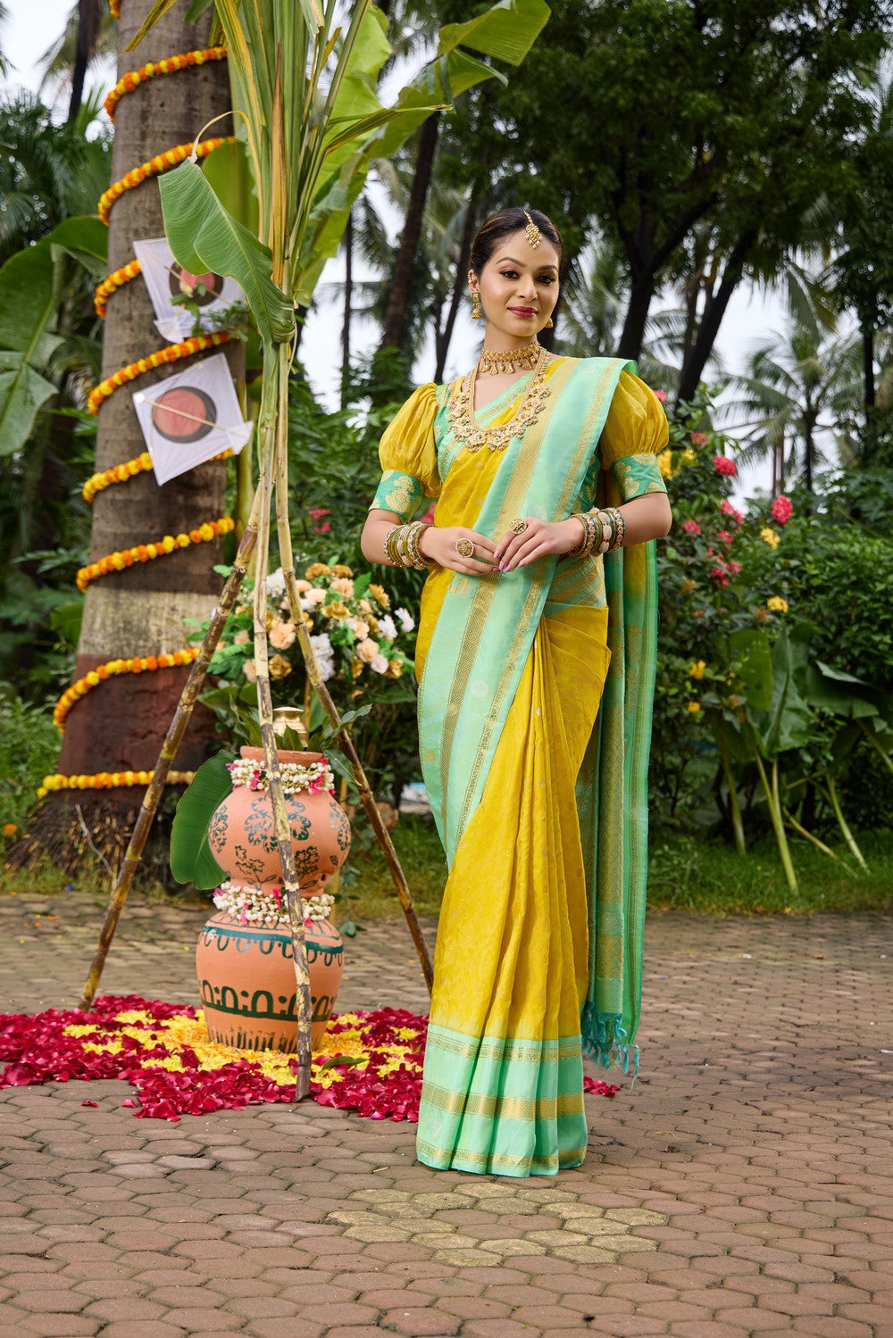 Image of Gadwal Silk Yellow Saree