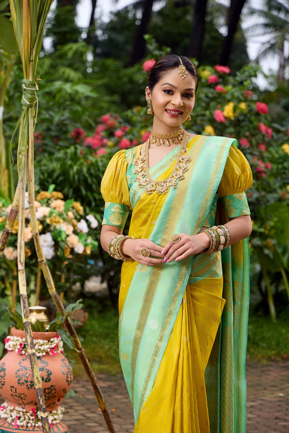 Image of Gadwal Silk Yellow Saree