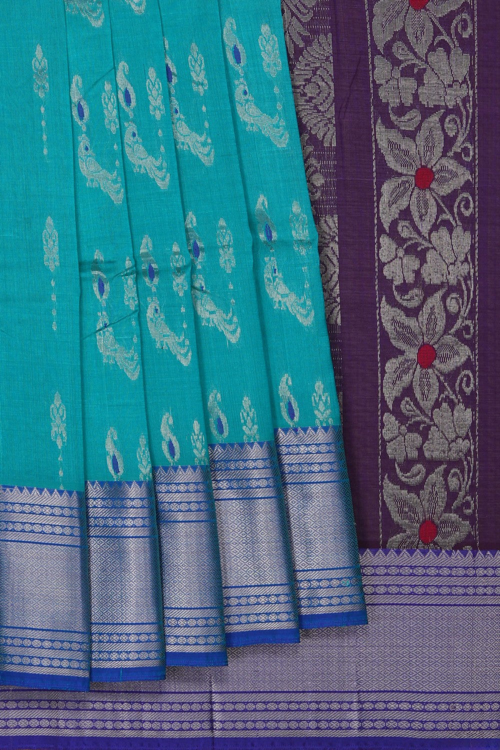 Image of South Cotton Silk Turquoise Green Saree