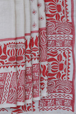 Image of Tussar Silk Kantha Stitch Saree