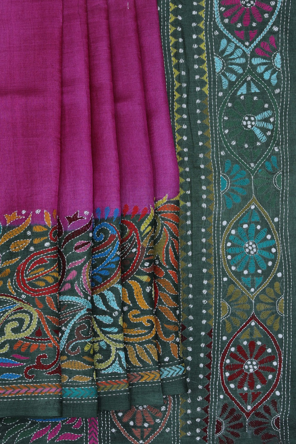 Tussar Silk Kantha Stitch Saree