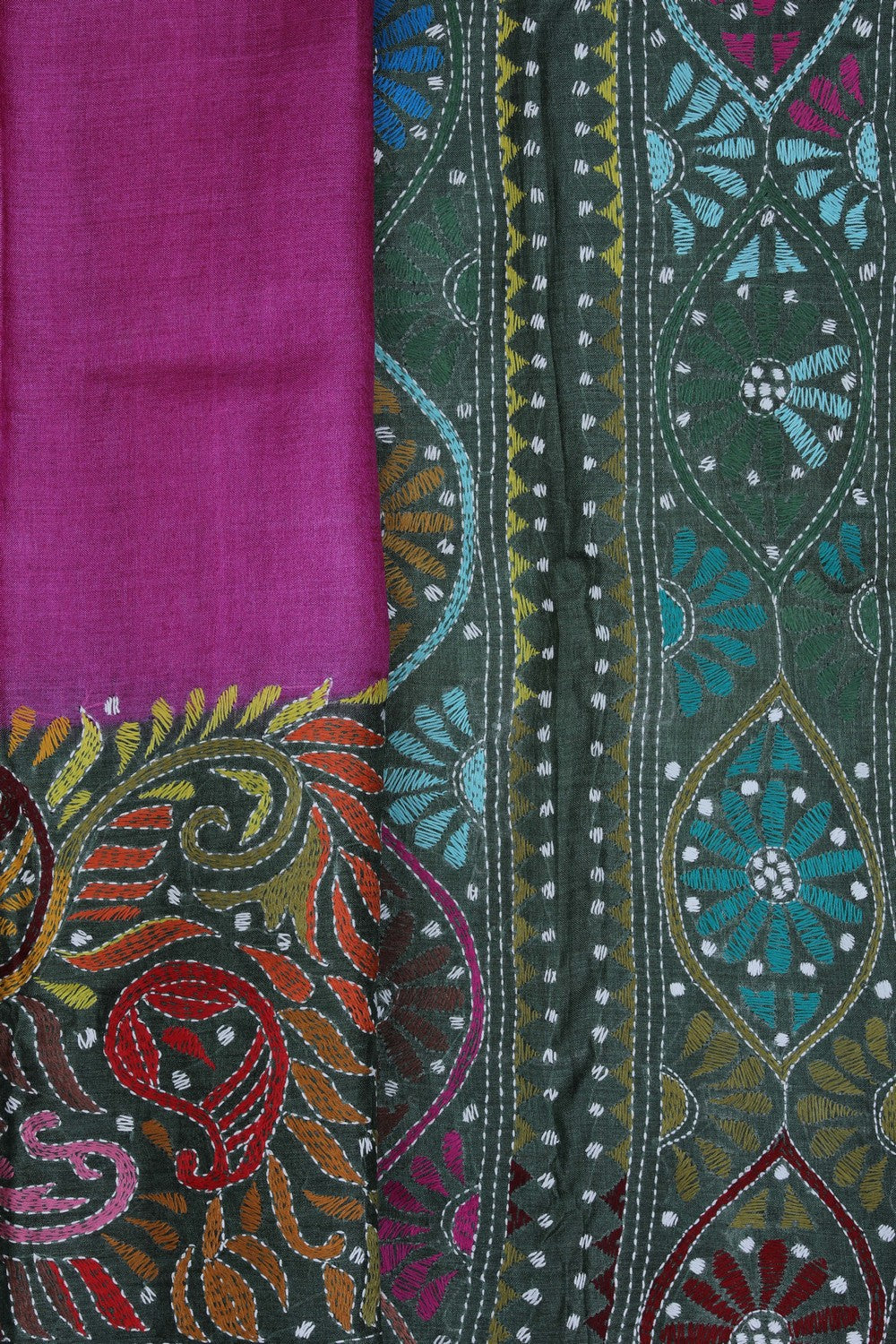 Tussar Silk Kantha Stitch Saree