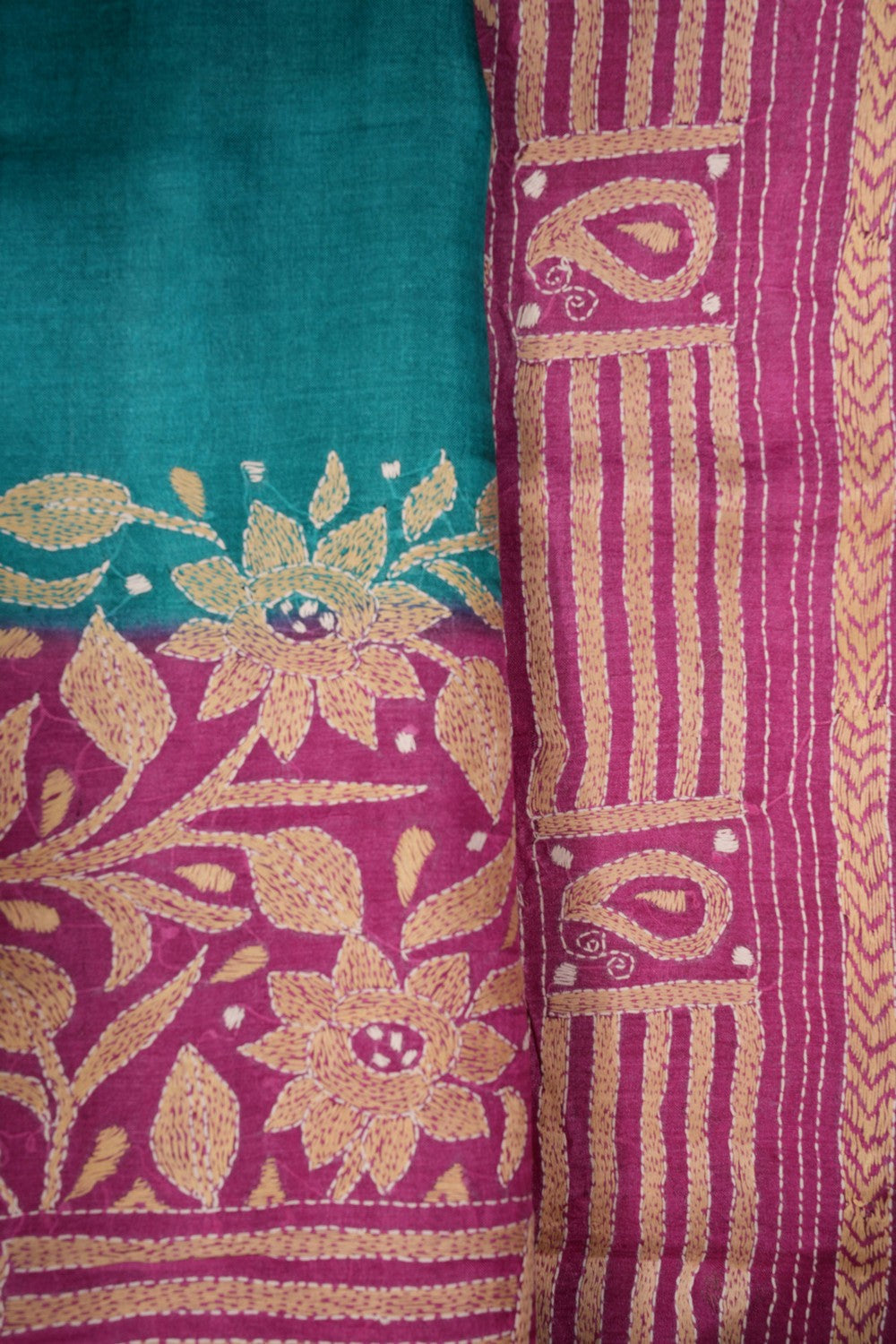 Tussar Silk Kantha Stitch Saree