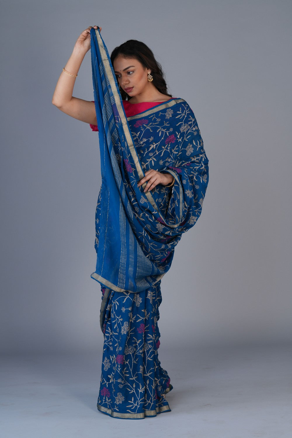Image of Chiffon Embroidery Blue Saree