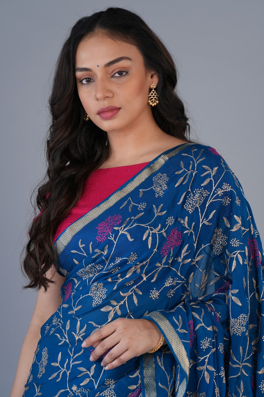 Image of Chiffon Embroidery Blue Saree