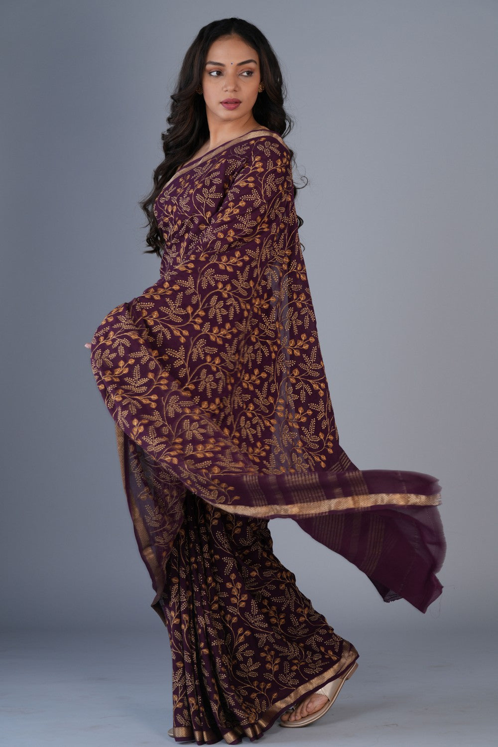 Image of Chiffon Embroidery Violet Saree
