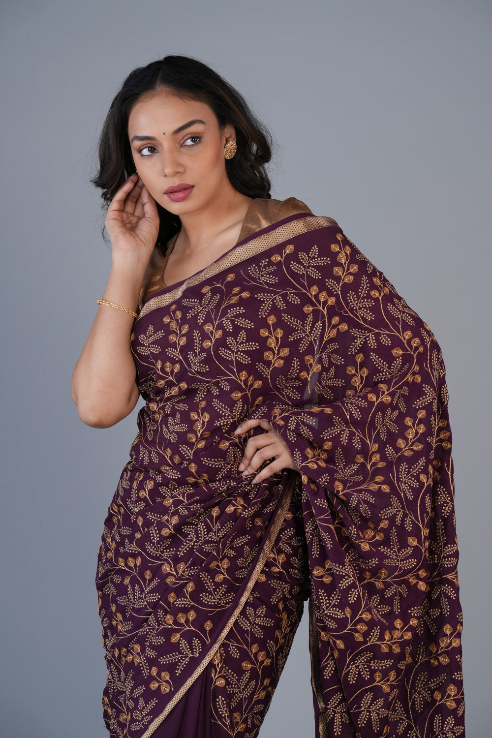 Image of Chiffon Embroidery Violet Saree