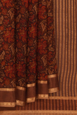 Image of Chiffon Floral Printed Brown Saree