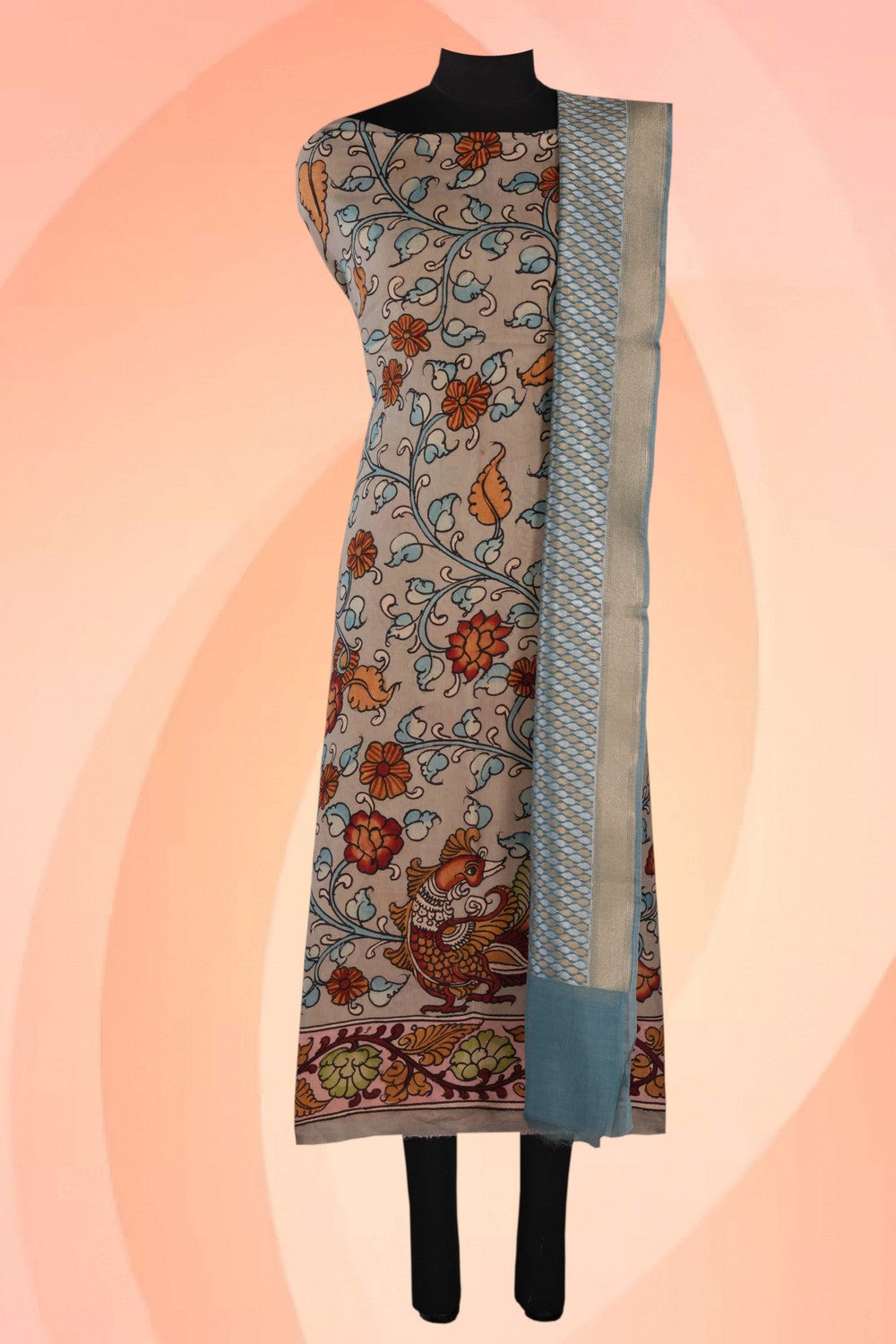 Kalamkari Unstitched Suit With Dupatta (2 Pcs Set)