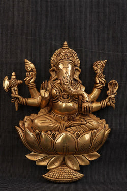 Image of Ganesha Bhagwan Murti Sitting with Moshak on Lotus Flower Base Idol.