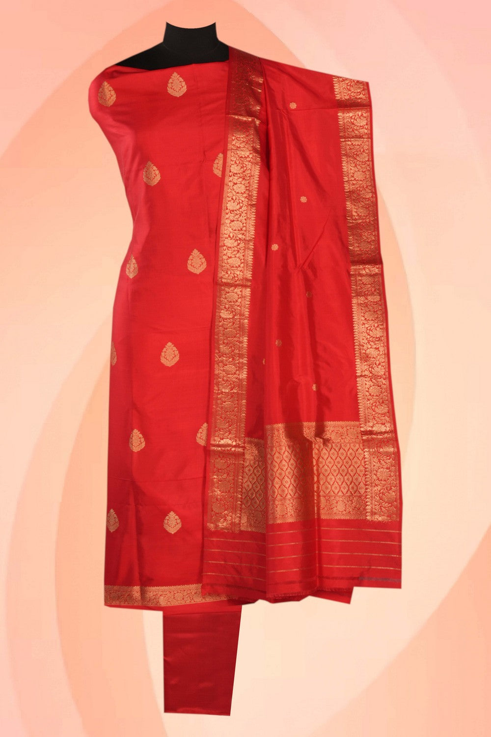 Banarasi Katan Silk Unstitched Red Suit (3 Pcs Set)