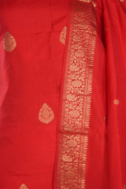 Image of Banarasi Katan Silk Unstitched Red Suit (3 Pcs Set)