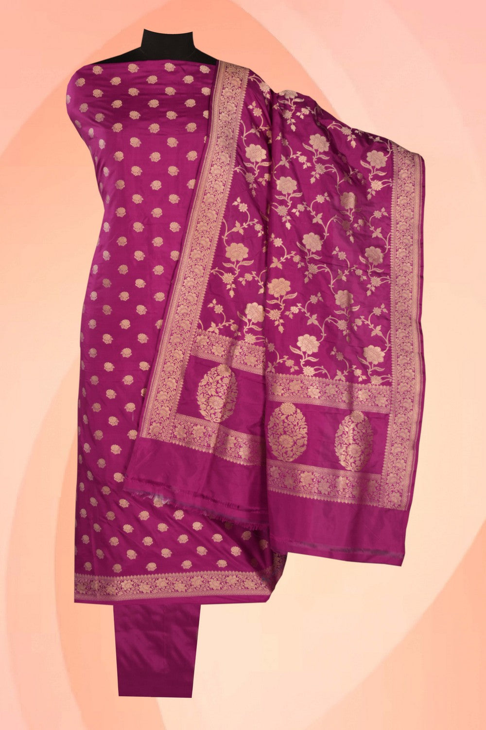 Image of Banarasi Katan Silk Unstitched Violet Suit (3 Pcs Set)