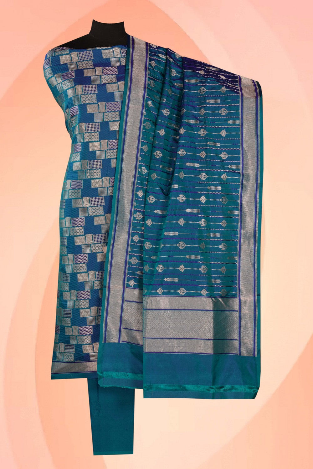 Banarasi Katan Silk Unstitched Blue Suit (3 Pcs Set)