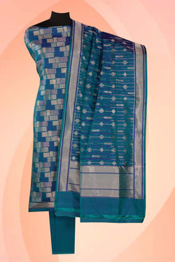 Image of Banarasi Katan Silk Unstitched Blue Suit (3 Pcs Set)