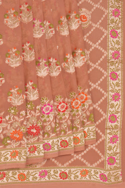 Image of Banarasi-Chiffon Brocade Brown Saree