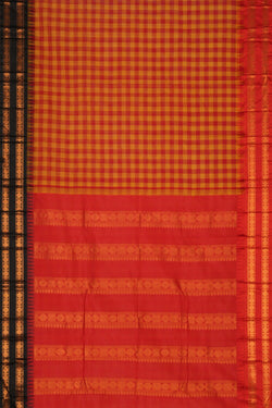 Image of Gadwal Cotton Kattam Red Saree