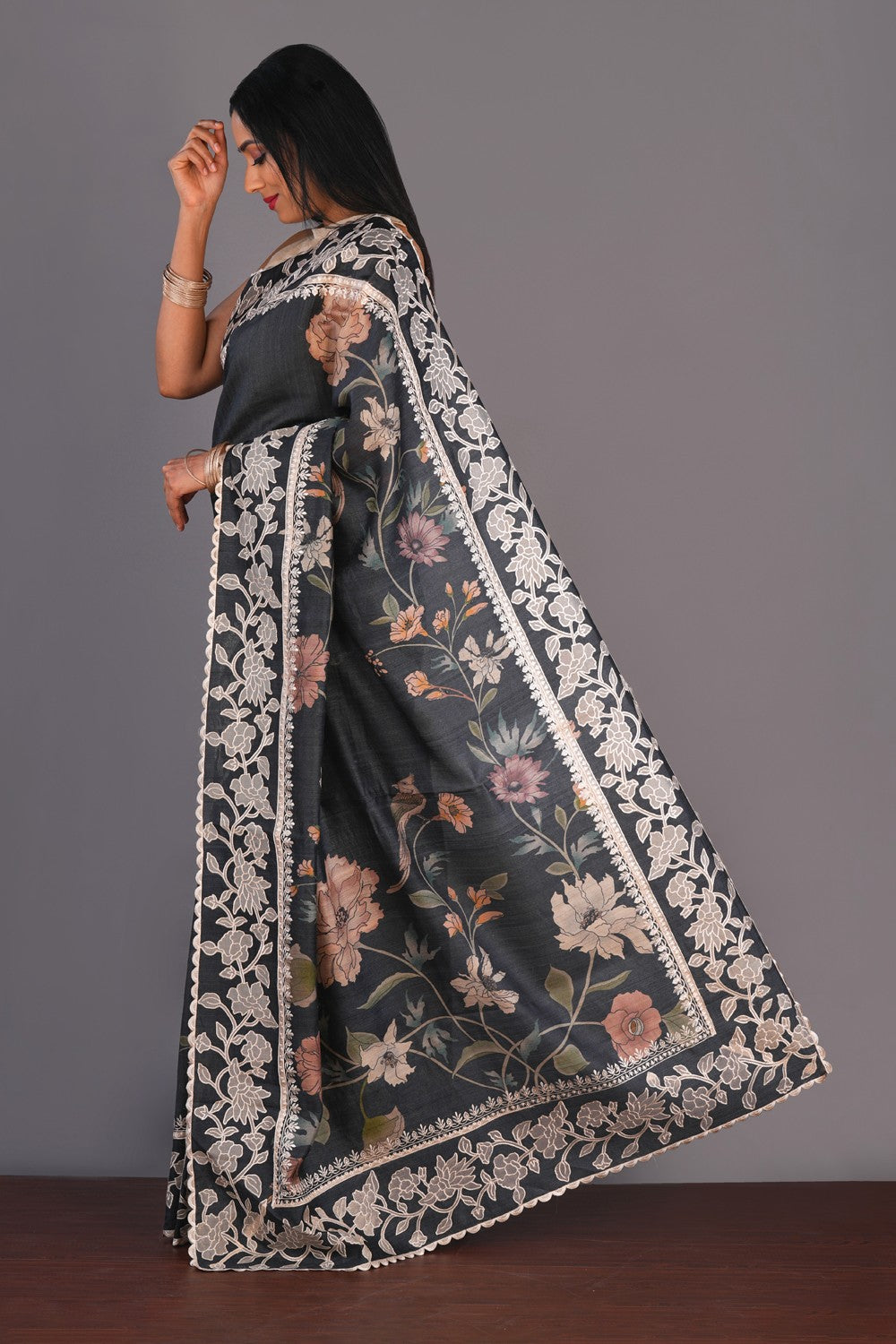 Image of Tussar Silk Floral Printed Saree