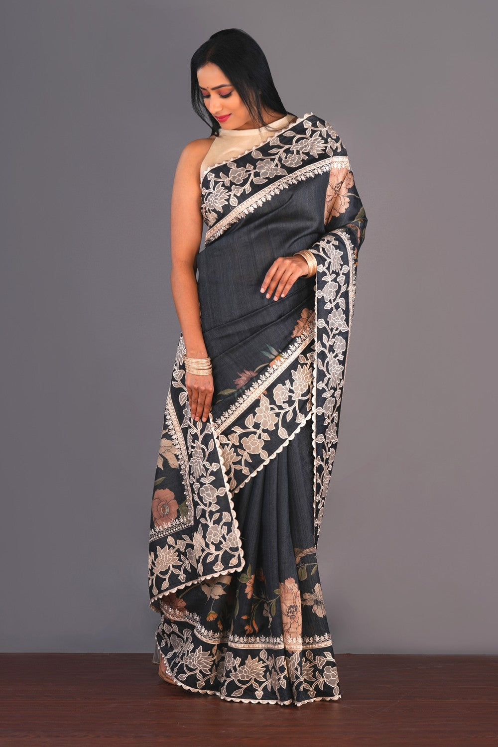 Image of Tussar Silk Floral Printed Saree