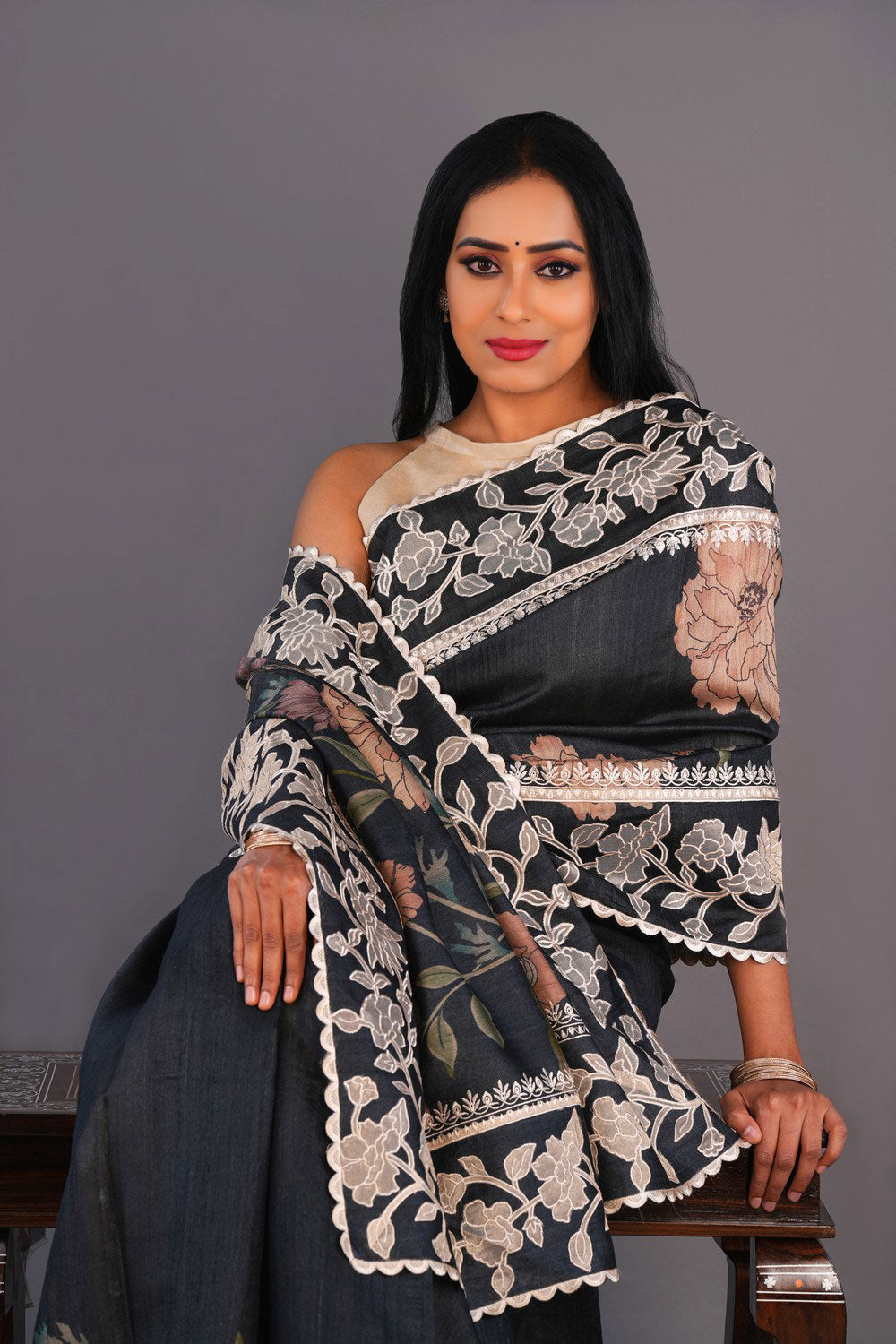Image of Tussar Silk Floral Printed Saree