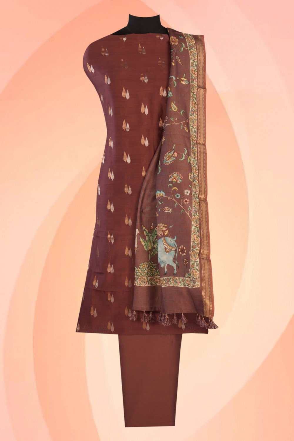 Silk Unstitched Brown Suit (3 Pcs Set)