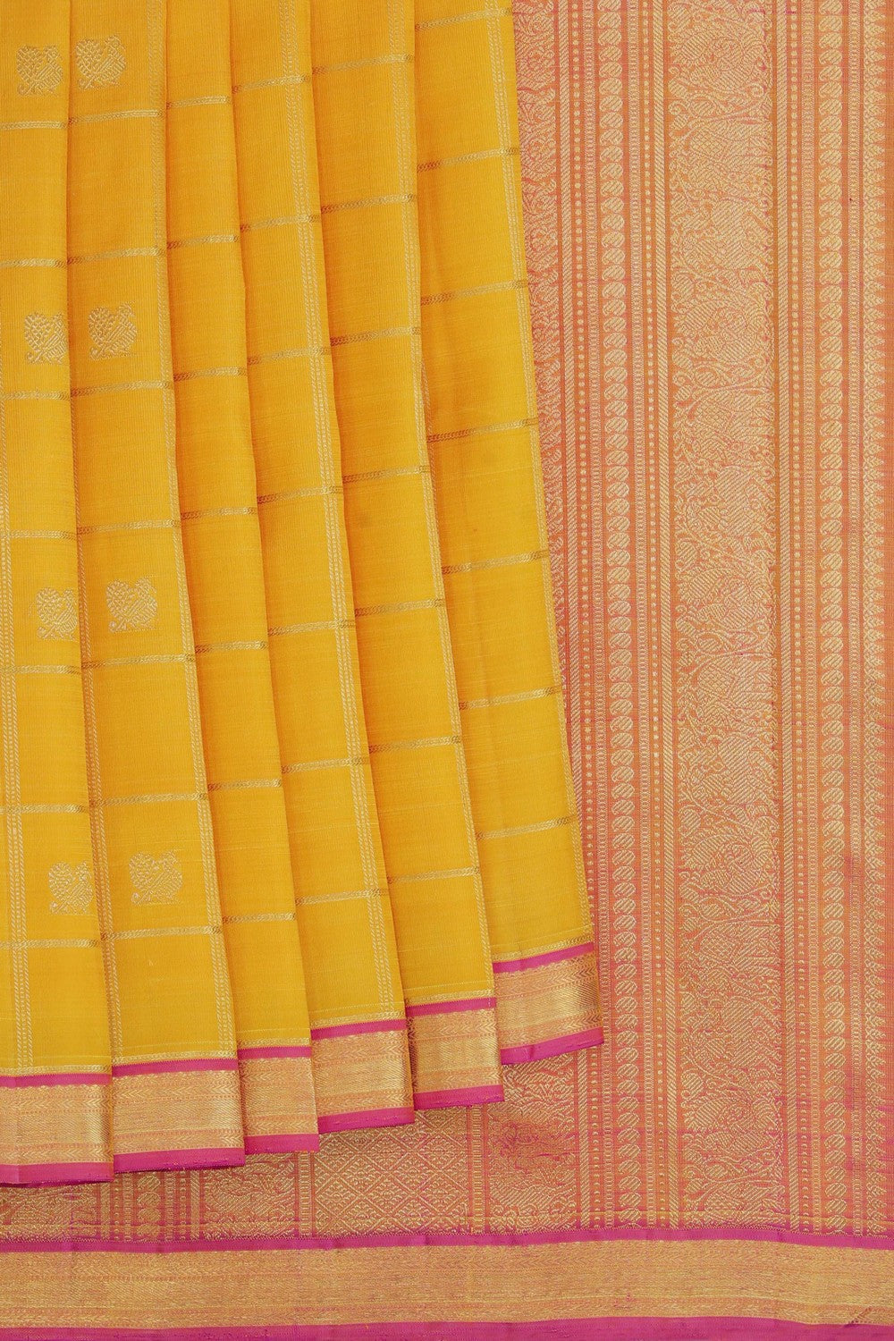 Kanchipuram Silk Kattam Yellow Saree