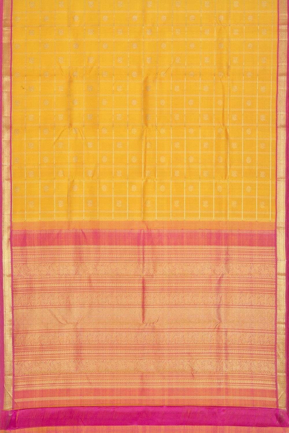 Image of Kanchipuram Silk Kattam Yellow Saree