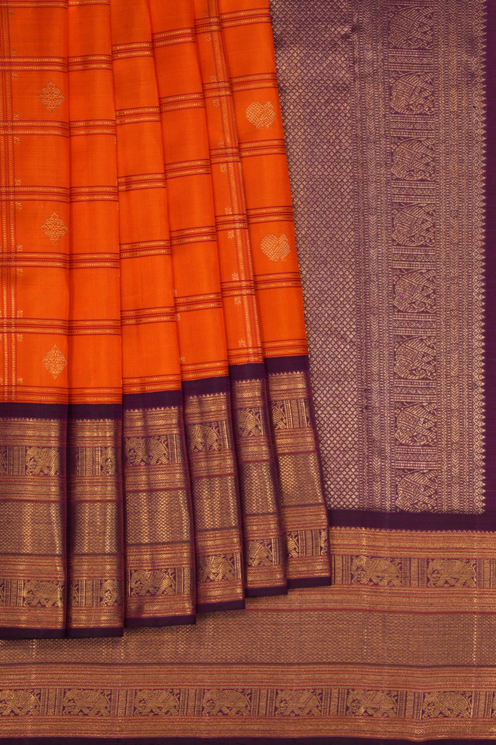 Kanchipuram Silk Kattam Orange Saree