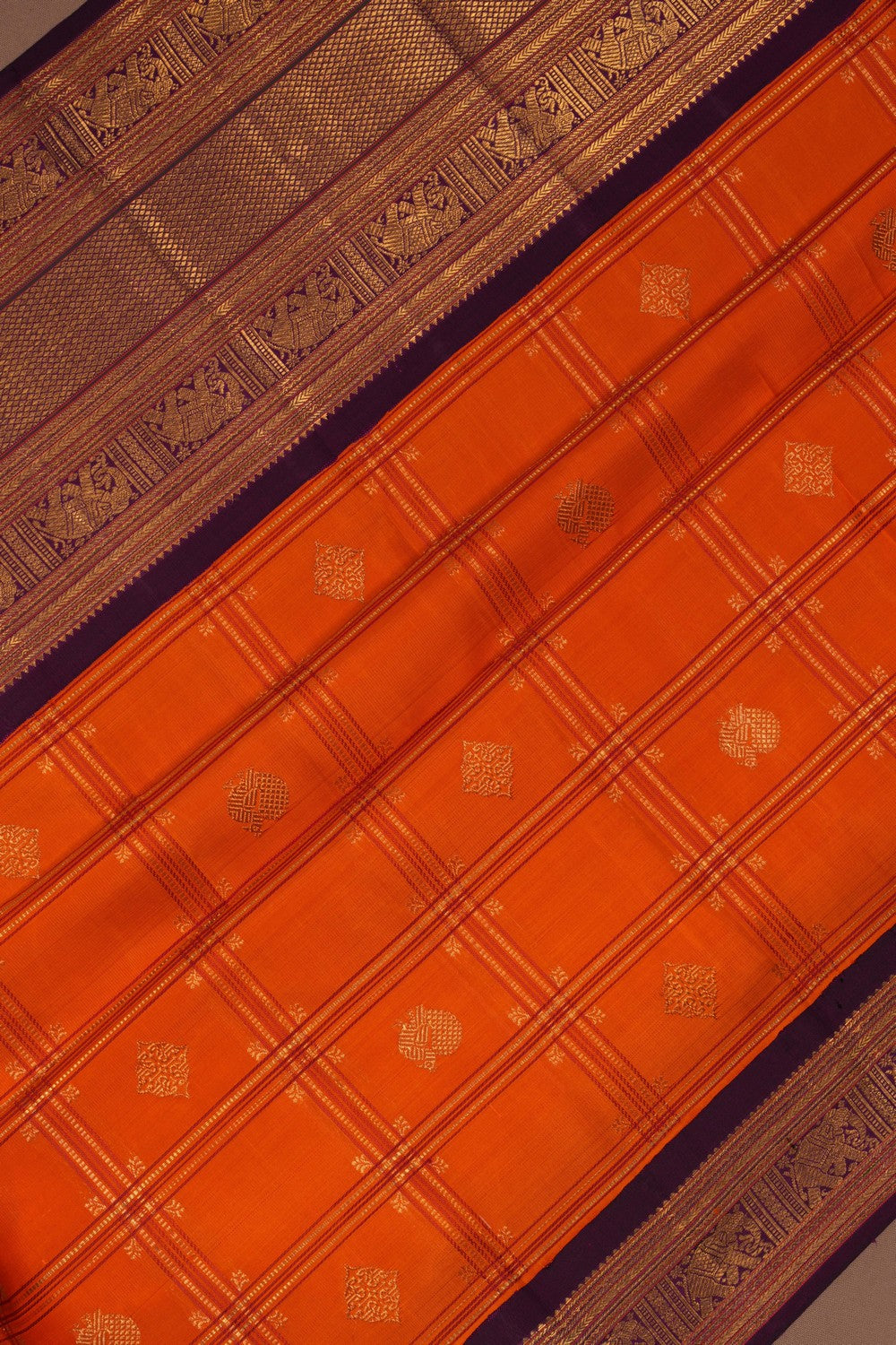 Kanchipuram Silk Kattam Orange Saree