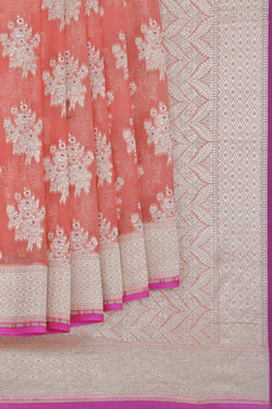 Image of Banarasi Chiffon Coral-Pink Saree