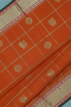 Image of Kanchipuram Silk Kattam Orange Saree