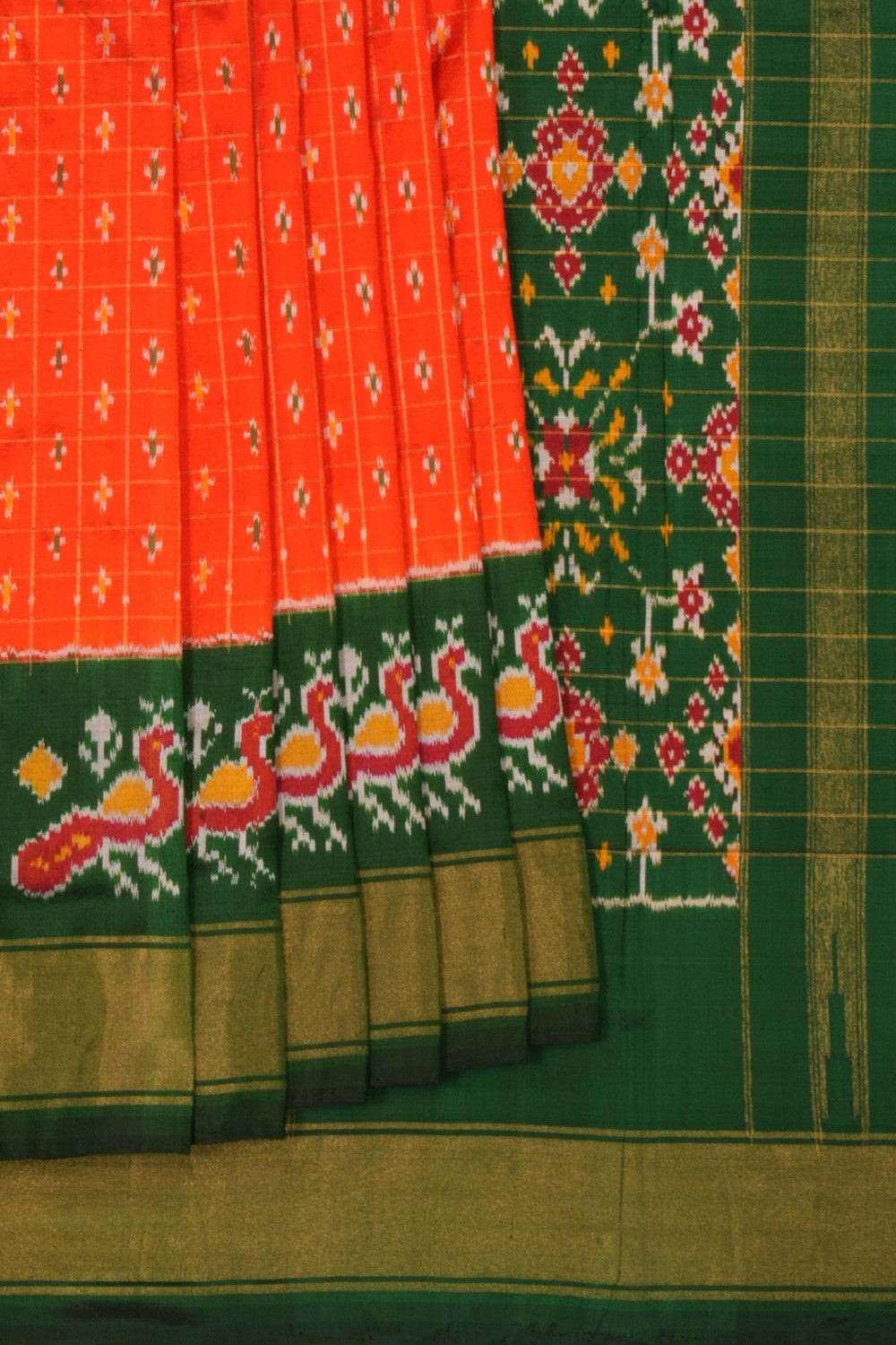 Pochampally Ikat Silk Kattam Orange Saree