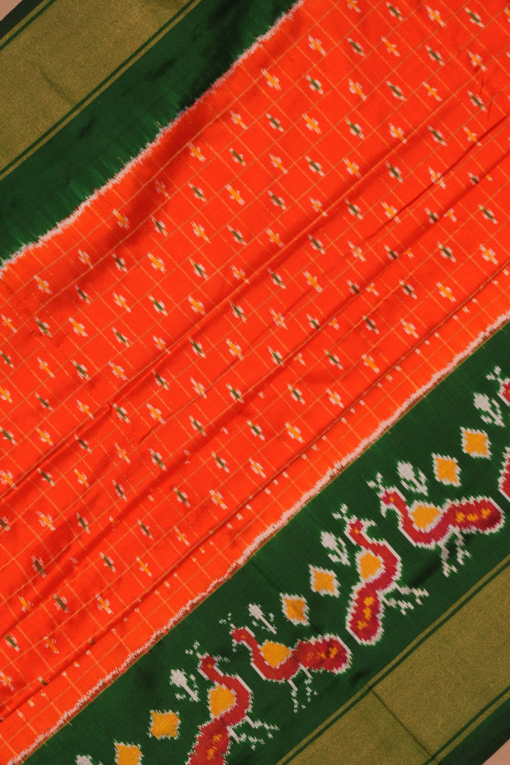 Pochampally Ikat Silk Kattam Orange Saree