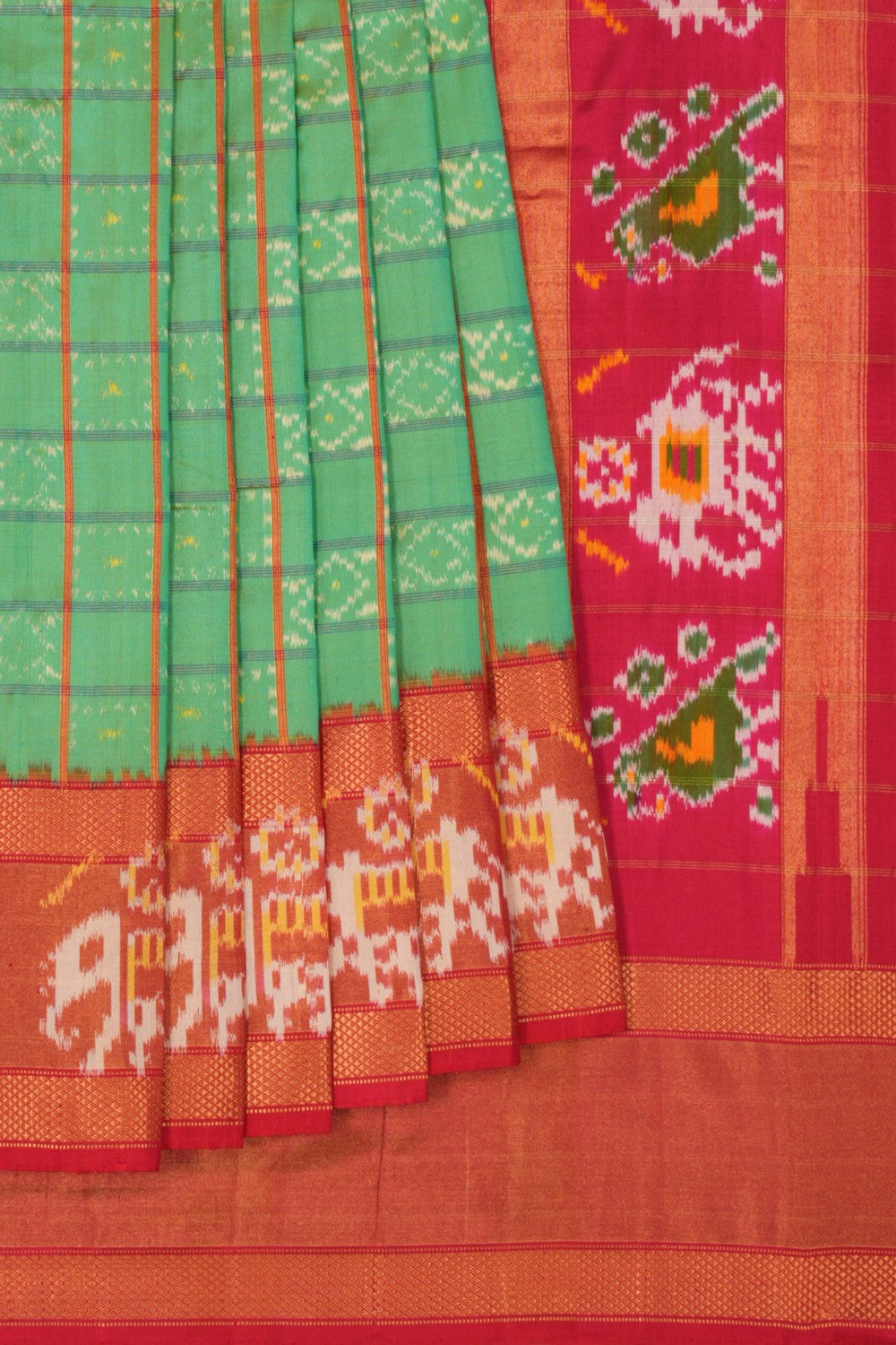 Pochampally Ikat Silk Kattam Green Saree