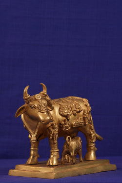 Image of Brass Kamdhenu Cow with Calf Statue