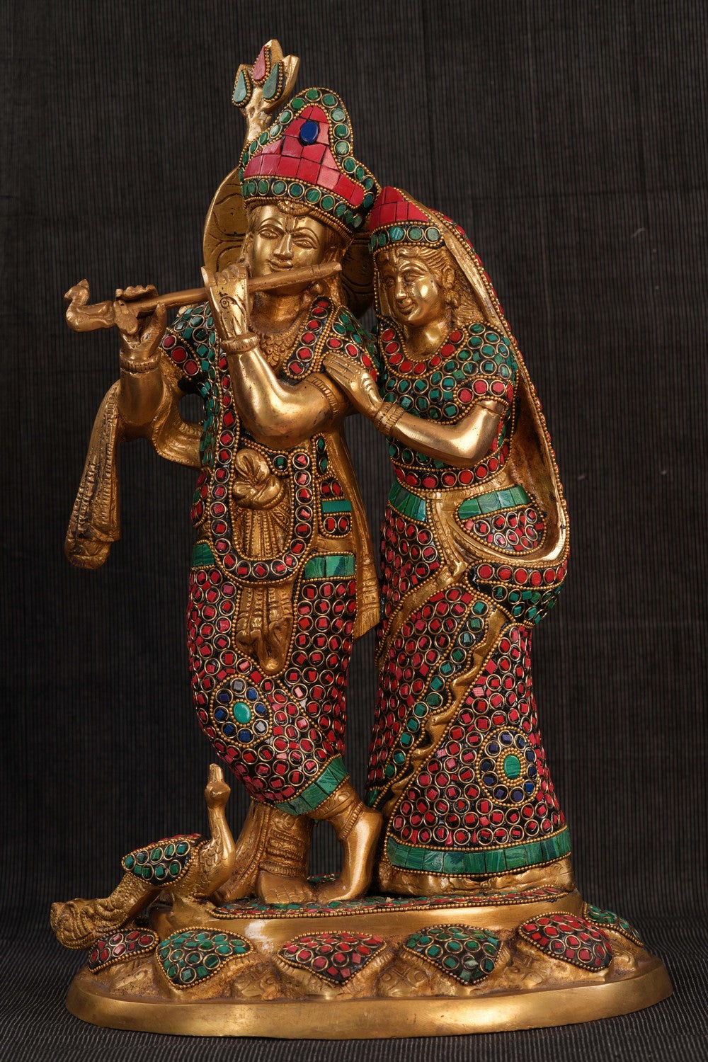 Image of Brass Gem Stone Work Radha Krishna Idol