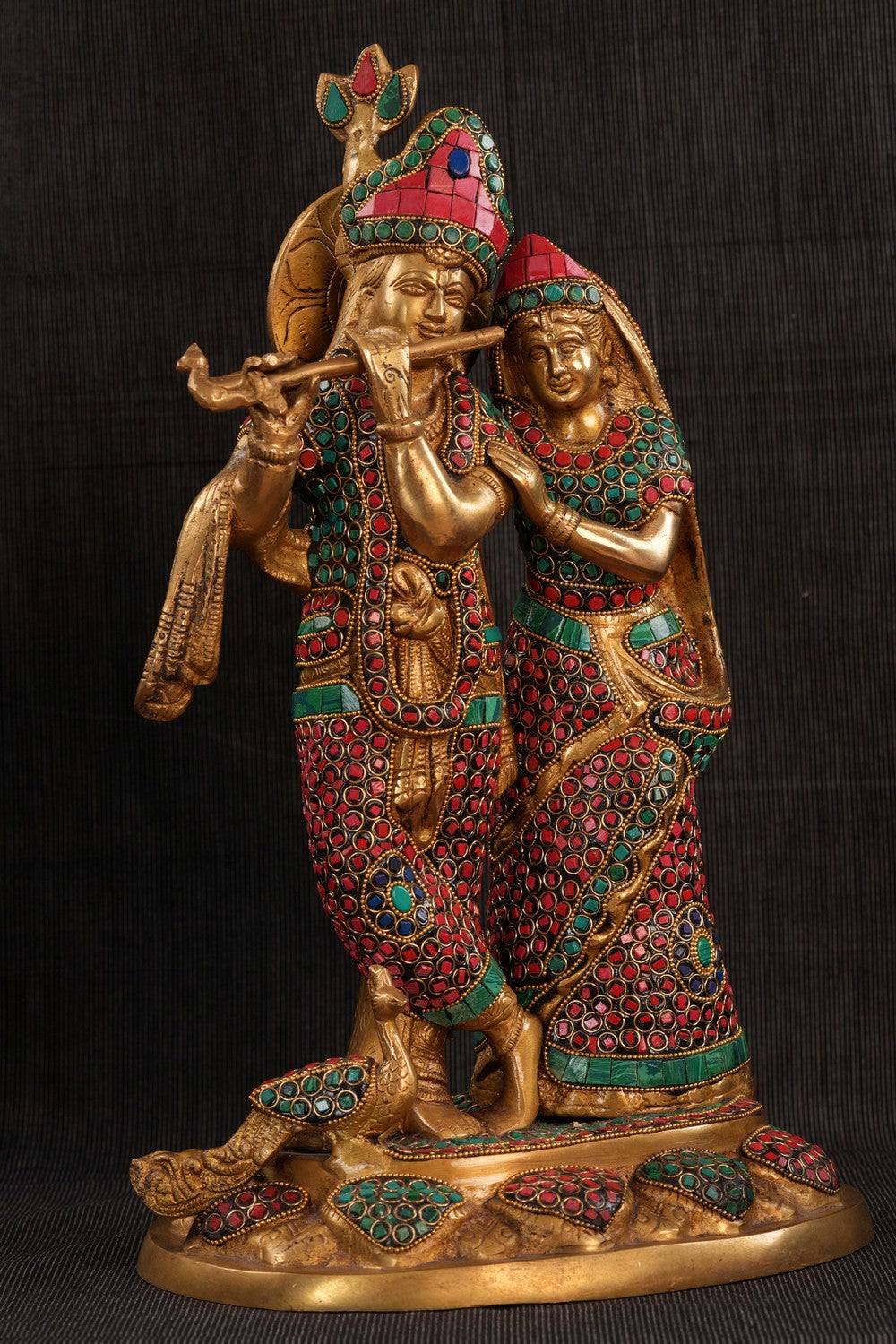 Brass Gem Stone Work Radha Krishna Idol