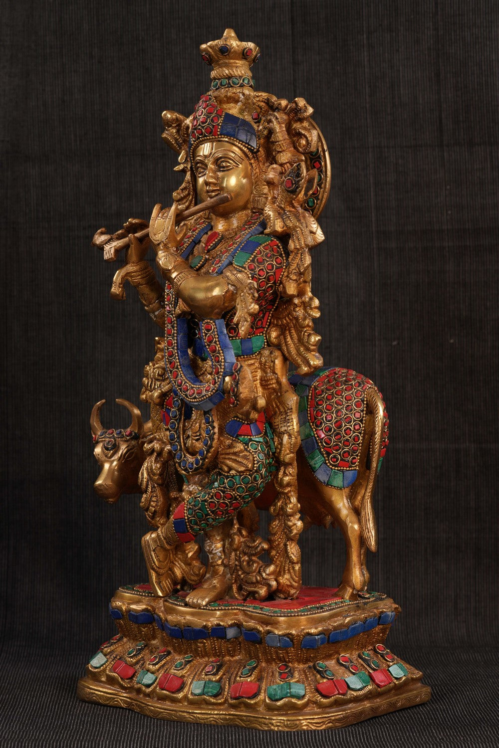 Image of Brass Gem Stone Work Krishna Idol