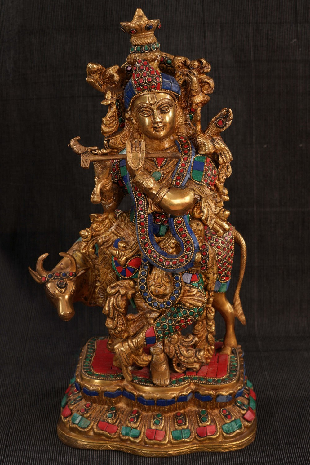 Image of Brass Gem Stone Work Krishna Idol