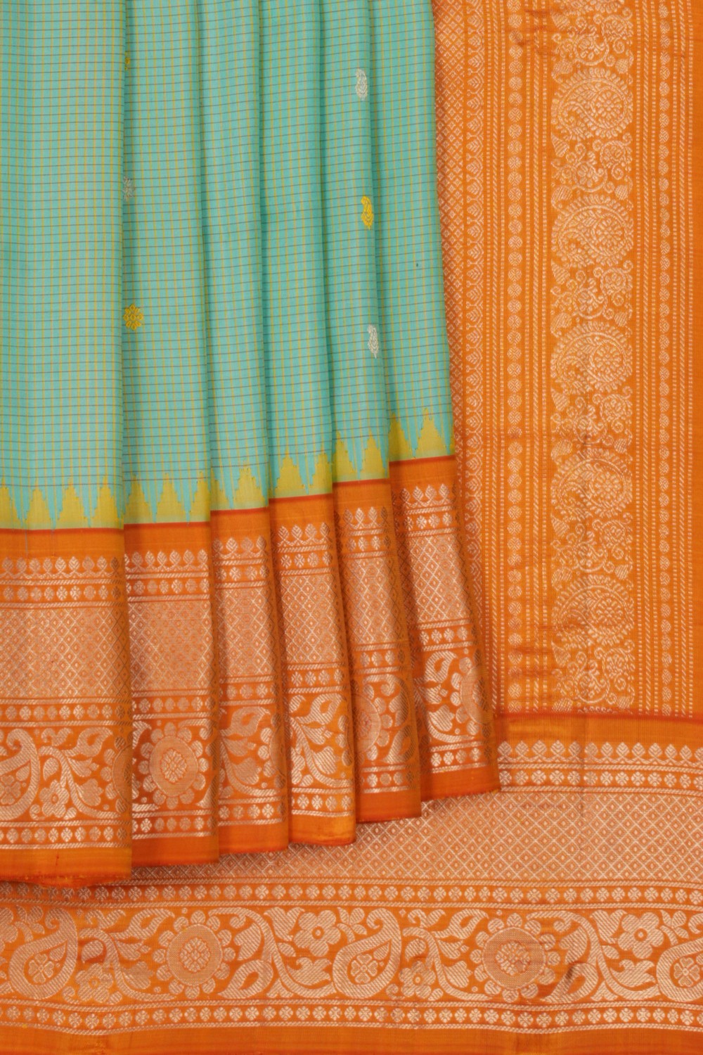 Gadwal Silk Kattam Turquoise Blue Saree