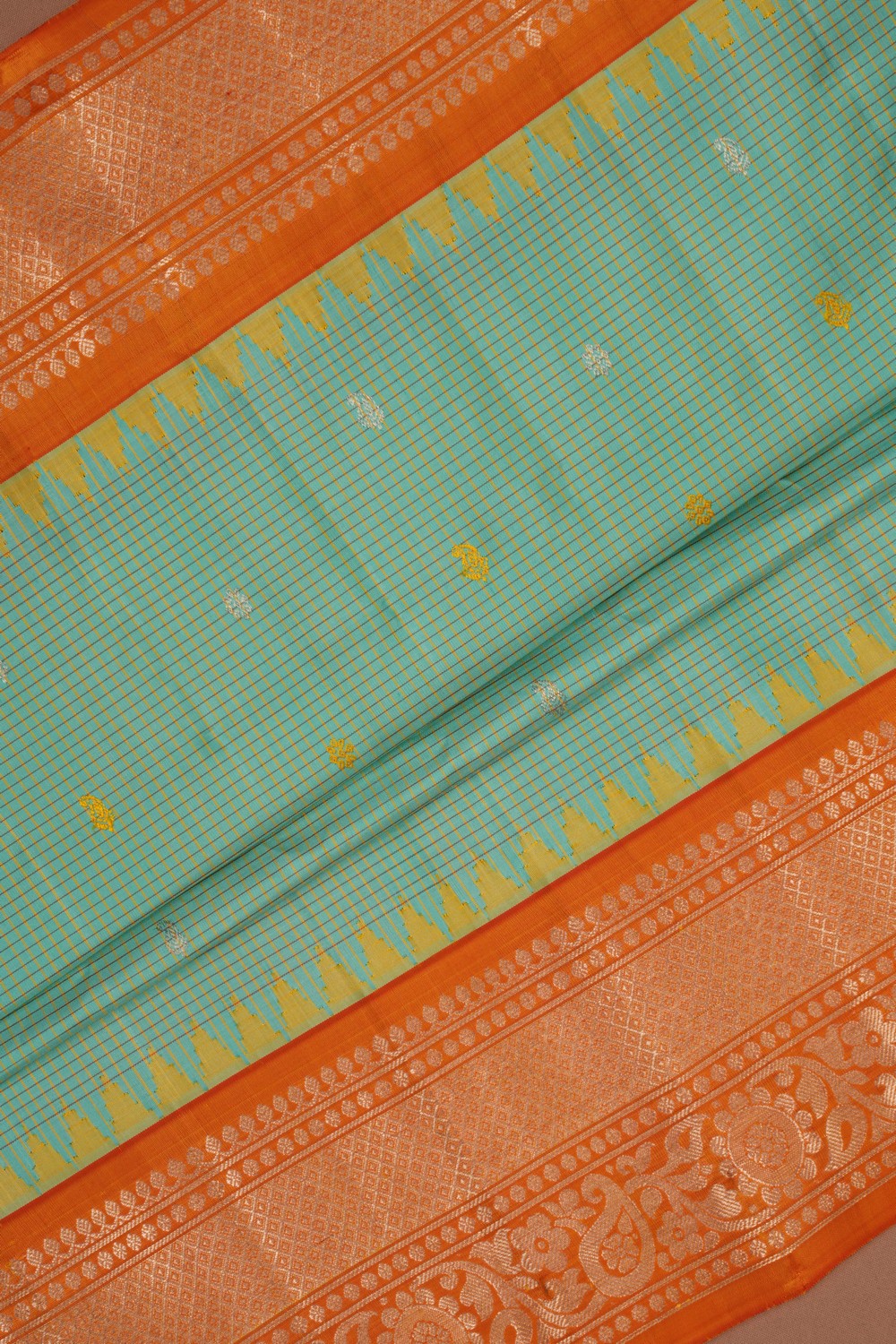 Gadwal Silk Kattam Turquoise Blue Saree