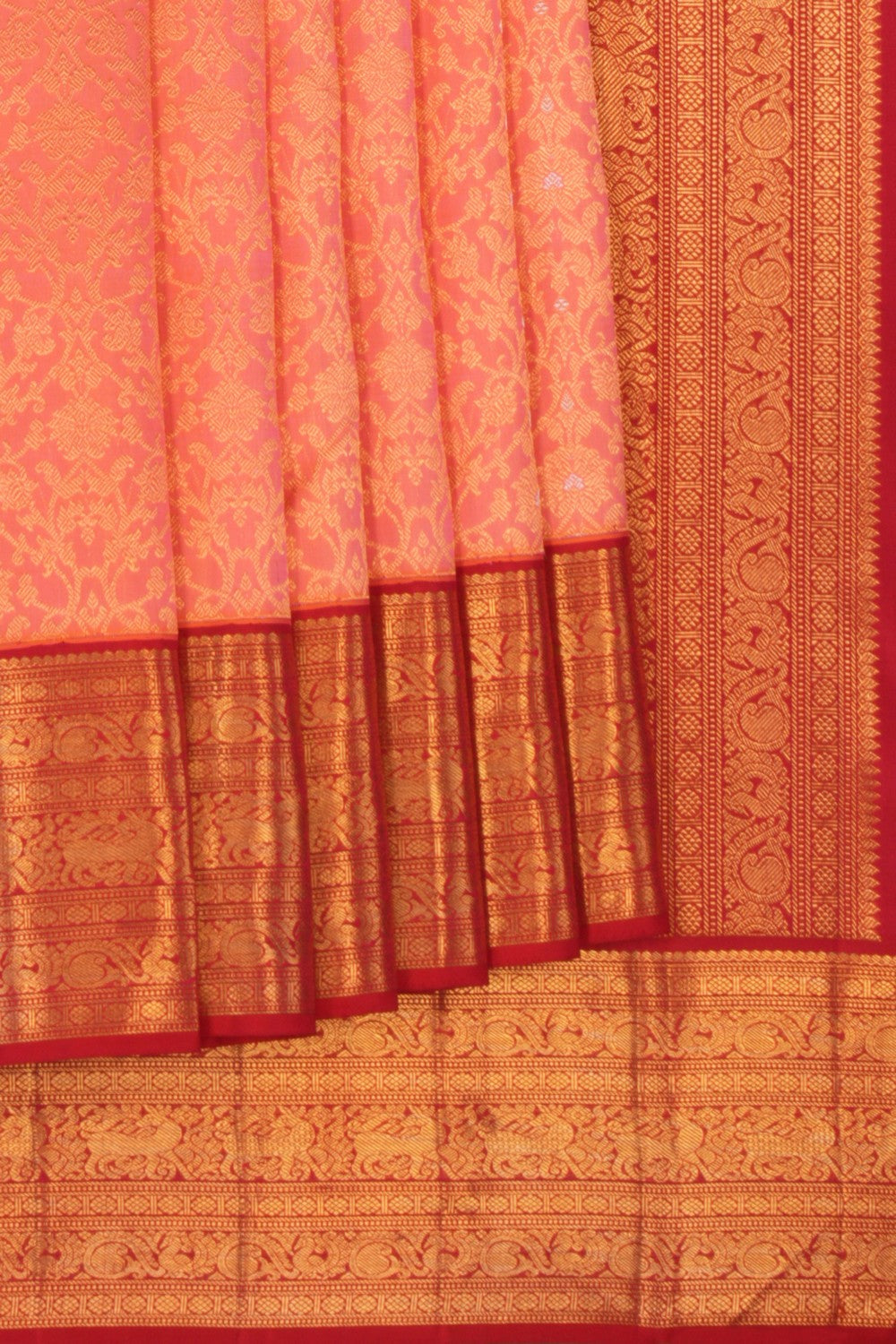 Image of Arani Silk Brocade Coral Peach Saree