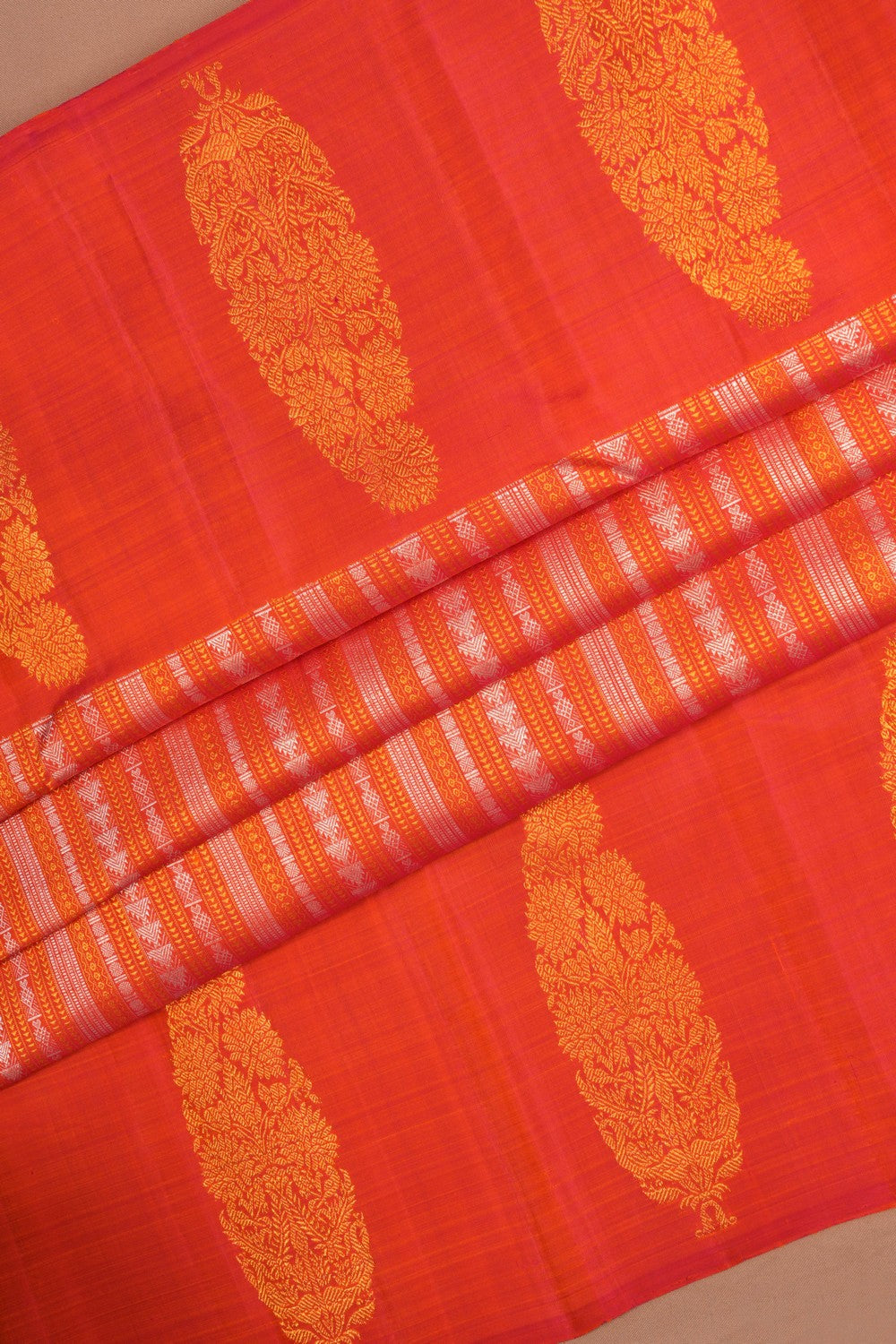 Image of Kanchipuram Silk Coral Orange Saree