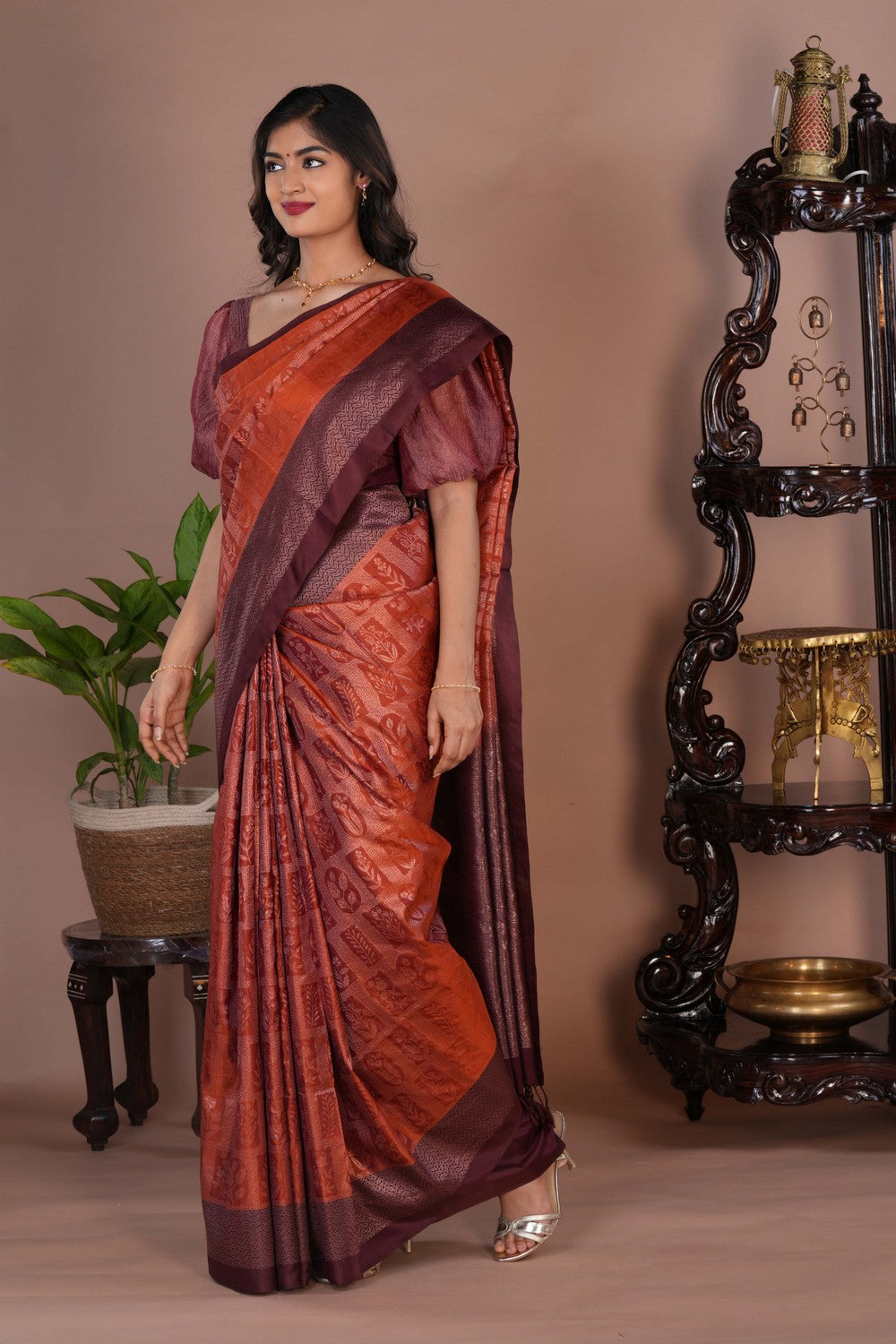 Image of South Silk Rust Orange Saree