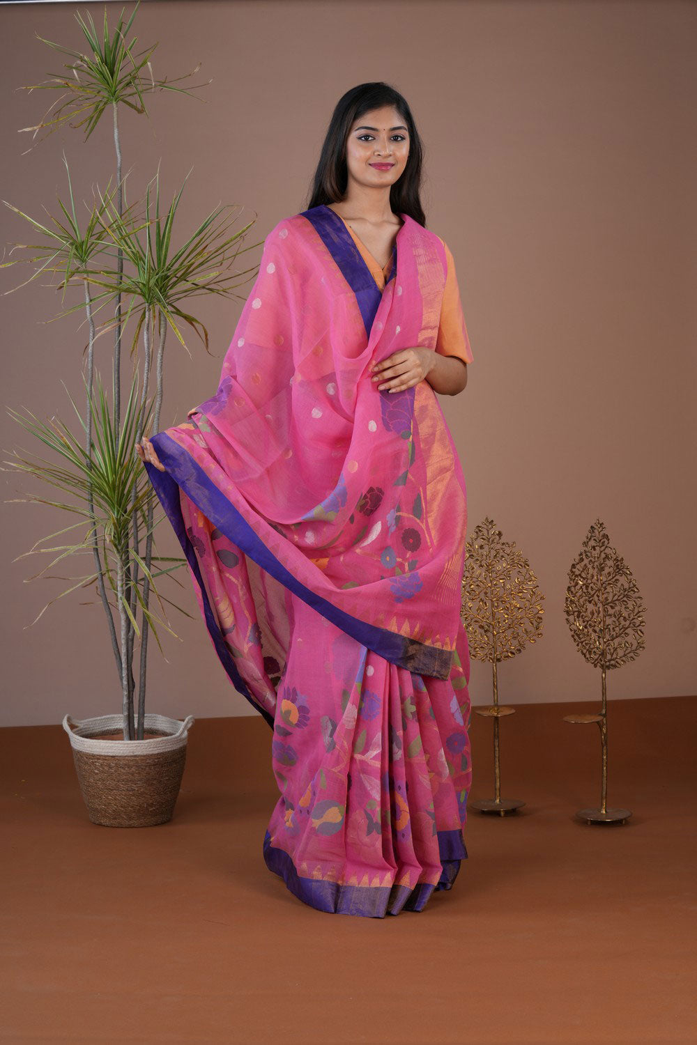 Image of Uppada Cotton Fuchsia Pink Saree
