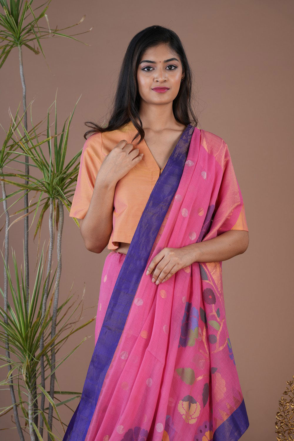 Image of Uppada Cotton Fuchsia Pink Saree