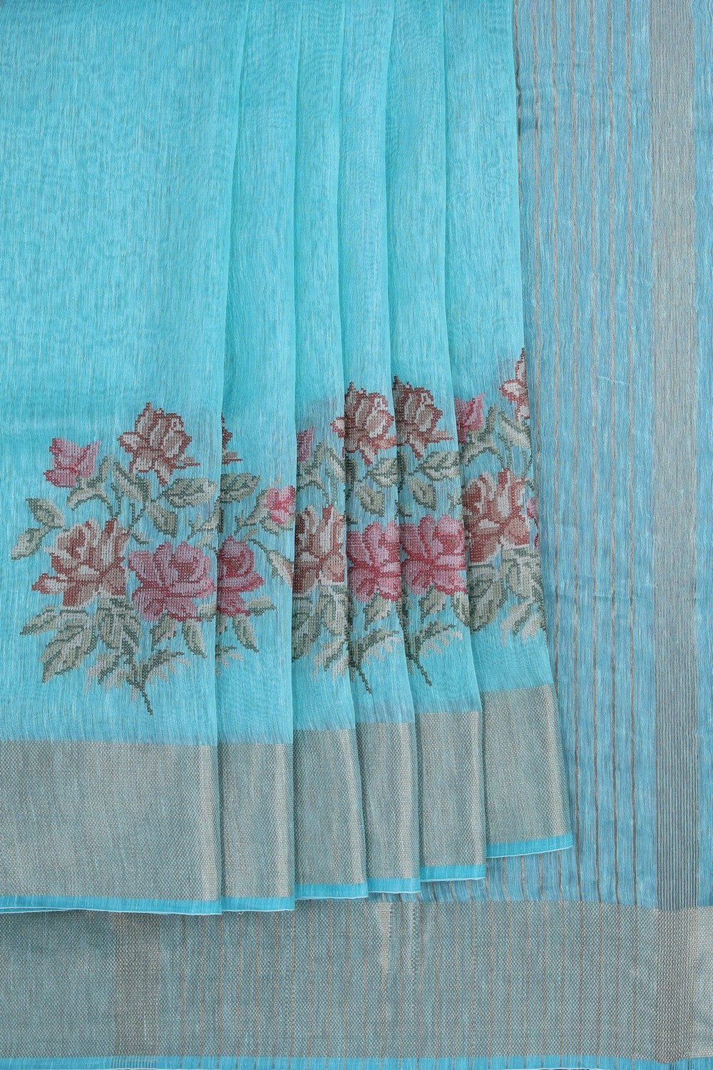 Image of Linen Aqua Blue Saree