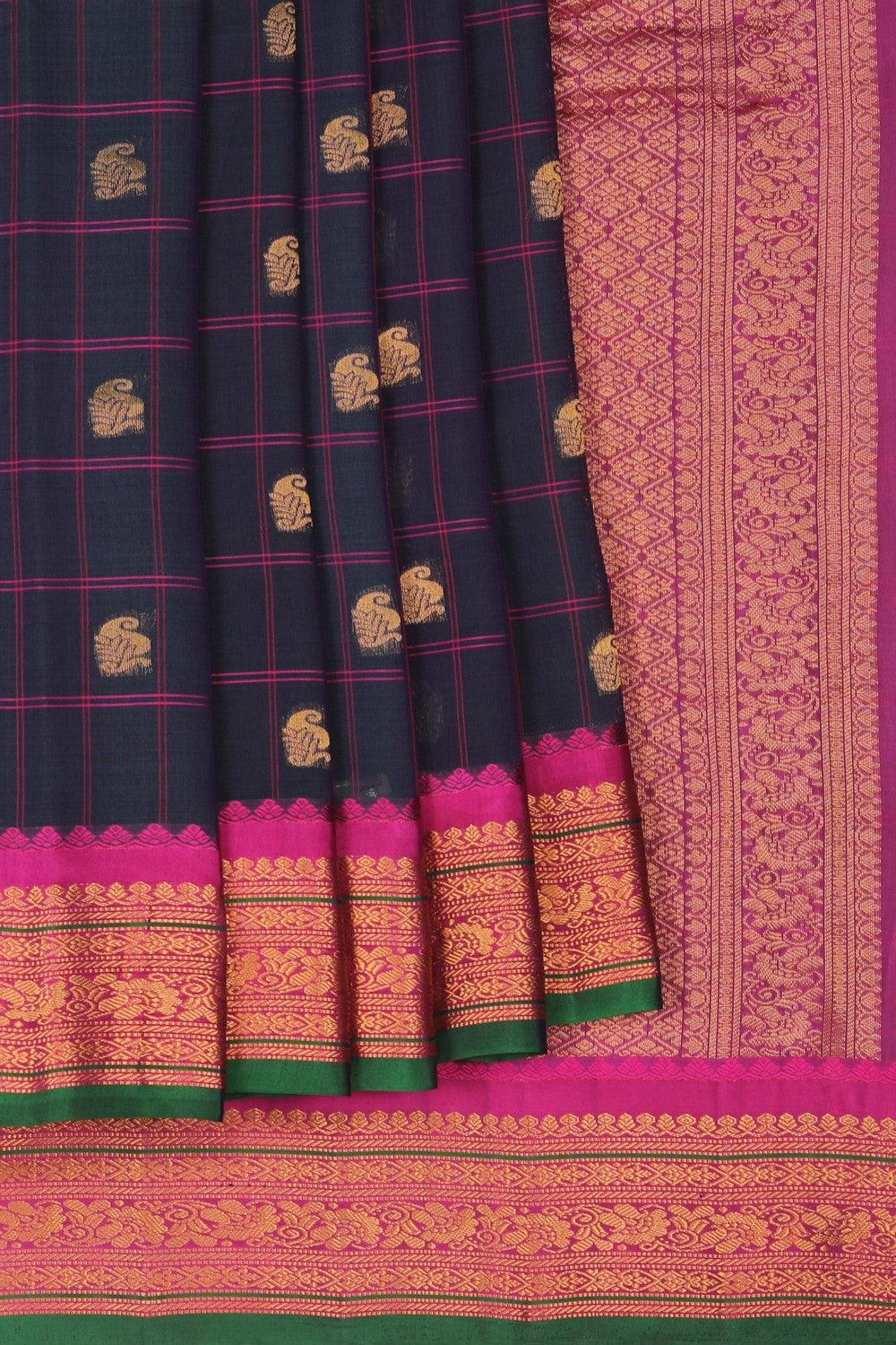 Image of Gadwal Kattam Navy Blue Saree